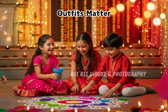 Vibrant kids Diwali photography with traditional outfits and festive rangoli by Bee Bee Videos & Photography, Coimbatore