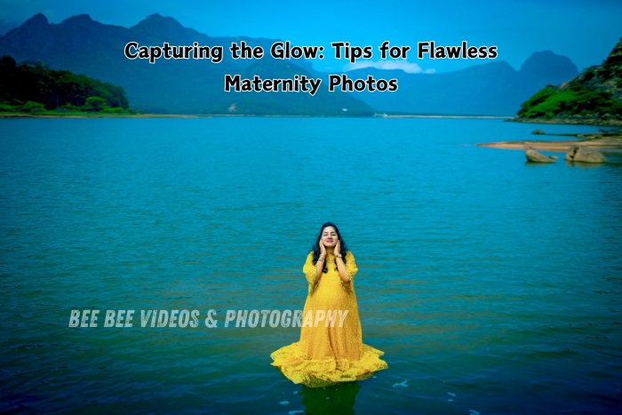 Beautiful maternity photoshoot at a scenic lake with mountain backdrop and glowing mom-to-be in a yellow gown