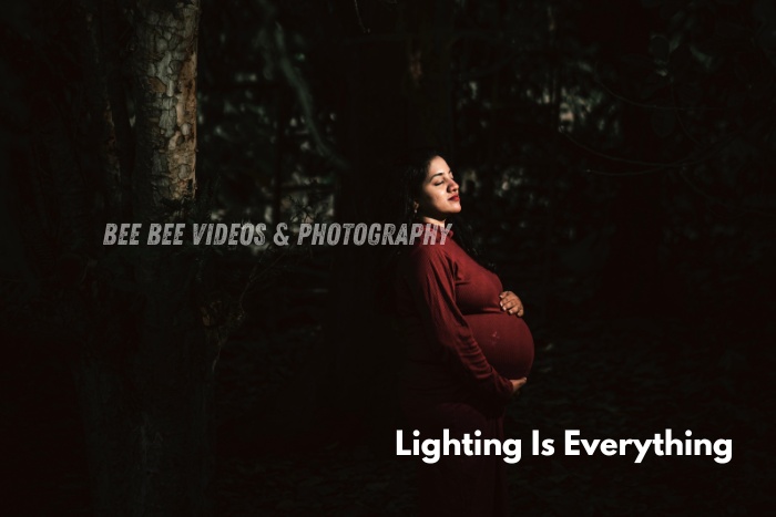 Dramatic maternity photoshoot with soft lighting highlighting the beauty of an expecting mother in a deep maroon gown