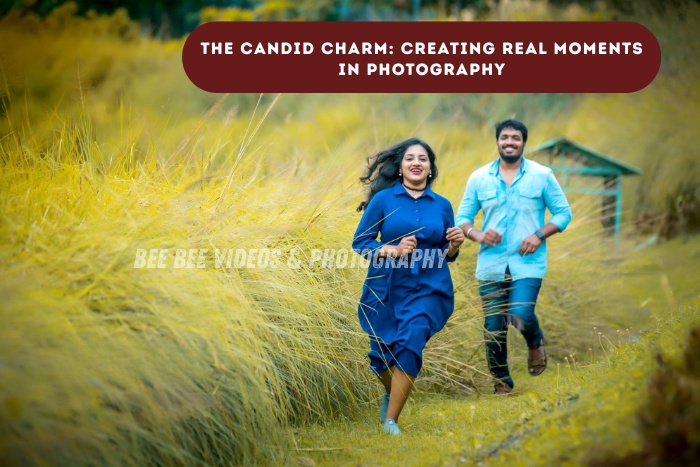 Candid couple photoshoot in a scenic outdoor field capturing natural movement and real emotions in Coimbatore